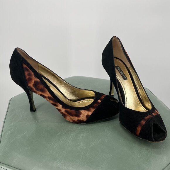 Dolce and Gabbana Leopard Print Peep Toe Heel 37.5 - Picture 1 of 7